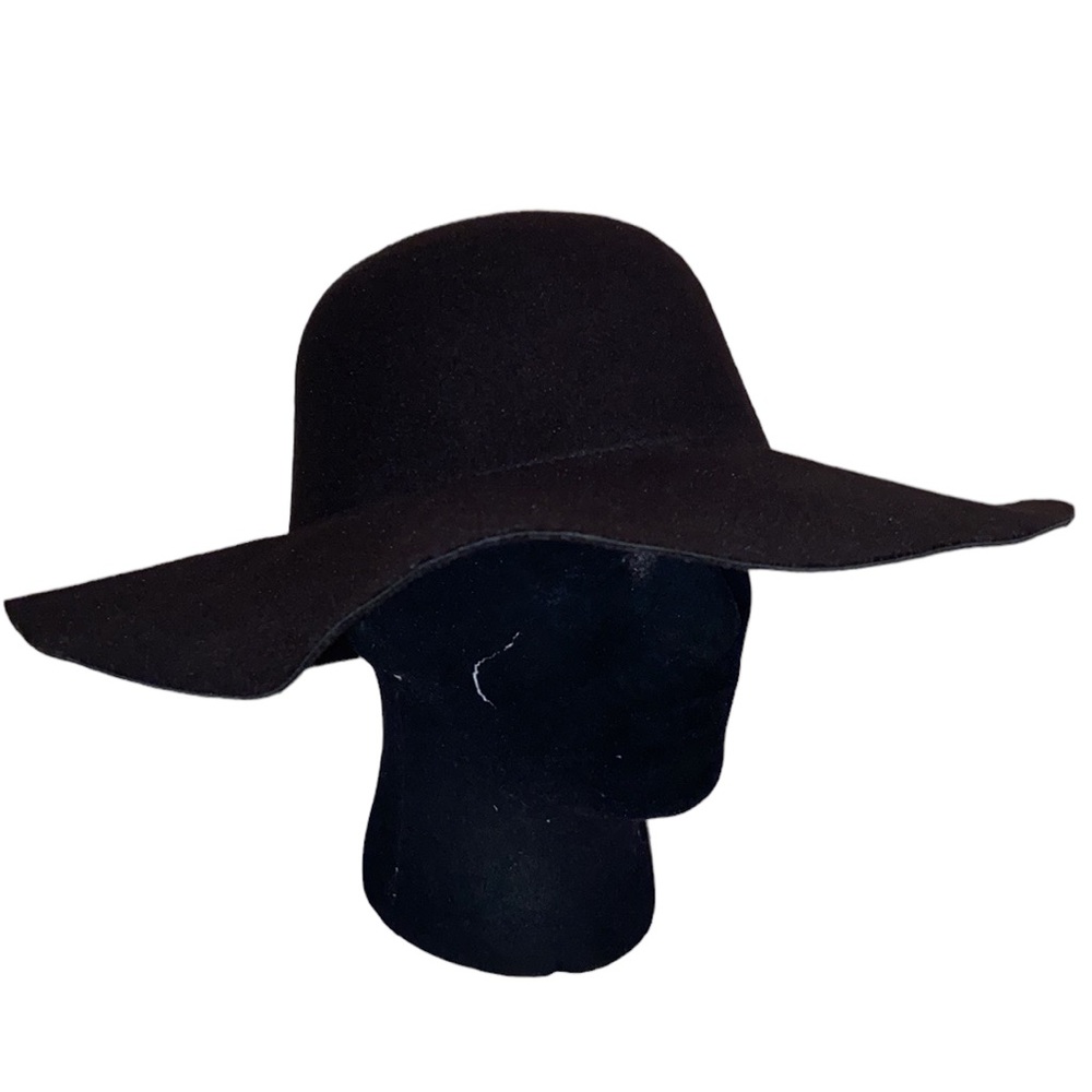 Womens Black Cotton Blend Felt Floppy Wide Brim Hat One Size Fits Most OS